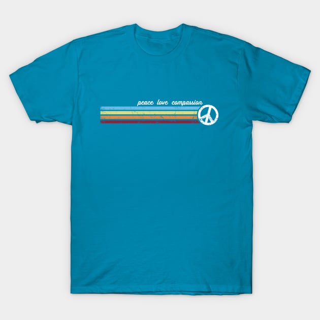 Retro Stripes Peace Love Compassion T-Shirt by Jitterfly